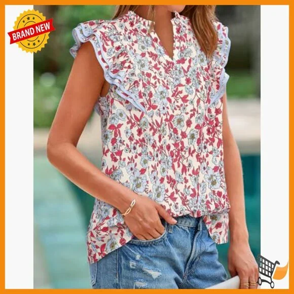 Lightweight Flowy Blouse V-Neck Cap Sleeve Ruffle Details Business Casual - Picture 5 of 7